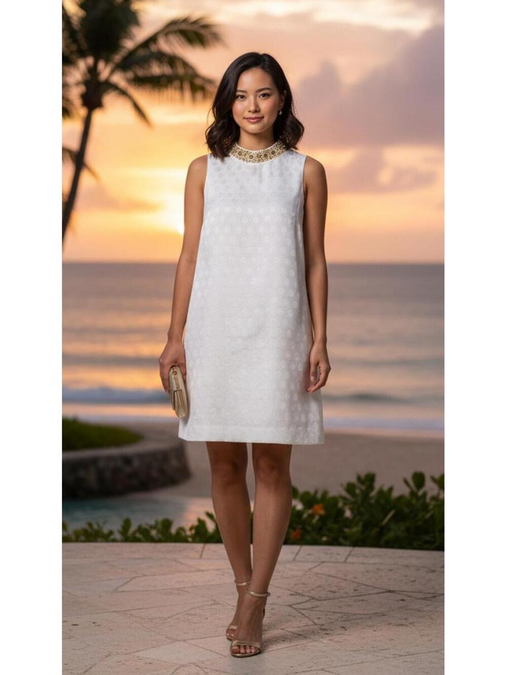 Lilly Pulitzer Kendra White Metallic Shift Dress 0 • Gold Sequin Halter Collar